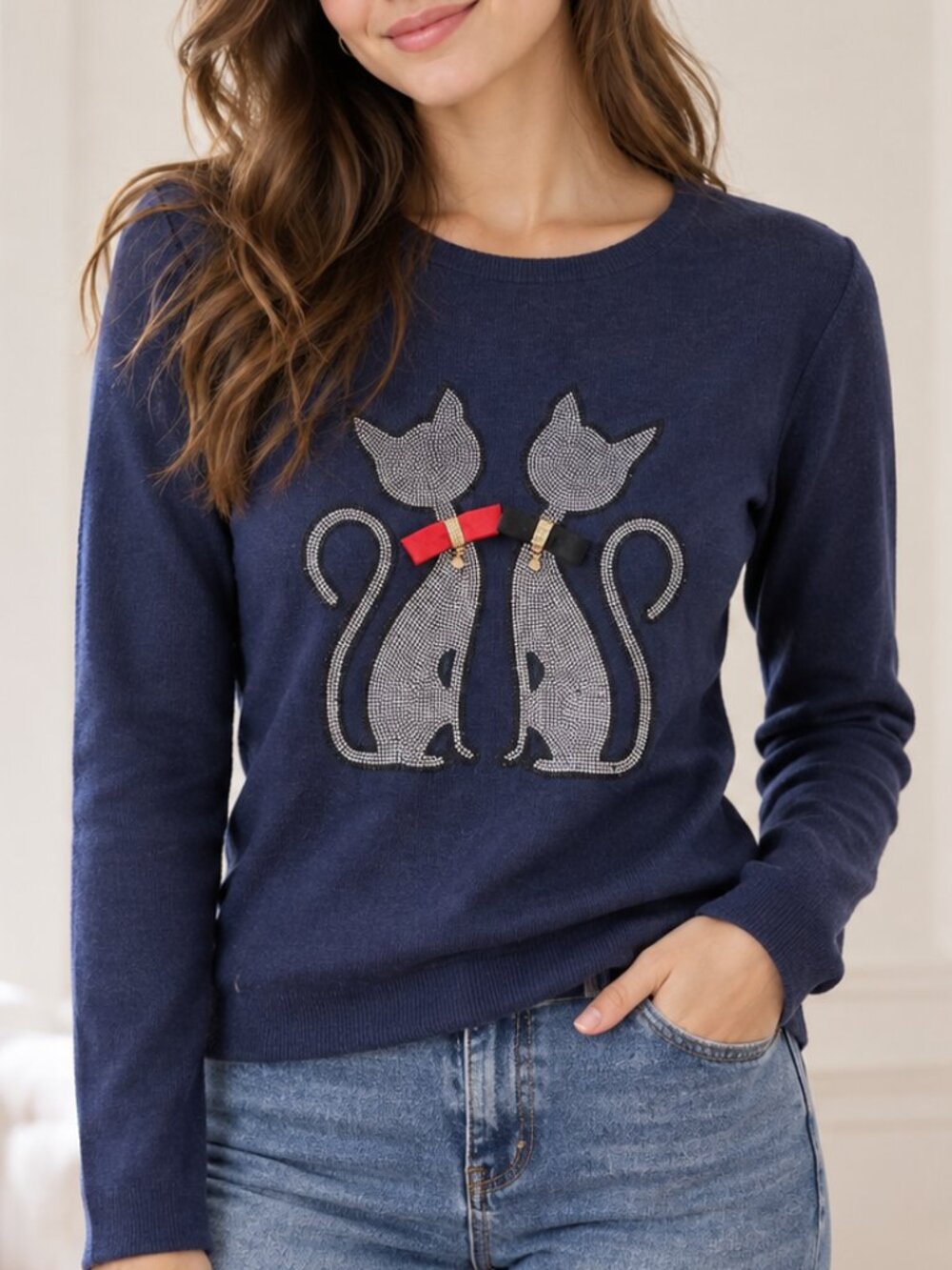 NWT Rhinestone Cat & Bow Tie Embellished Sparkle Sweater Blue Size Medium